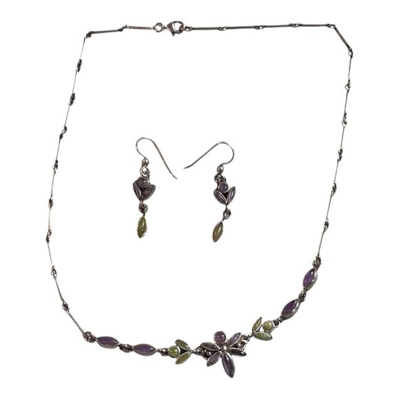 Fortunoff Sterling Silver Amethyst & Jade Floral Necklace & Earrings Jewelry Set - Picture 6 of 16